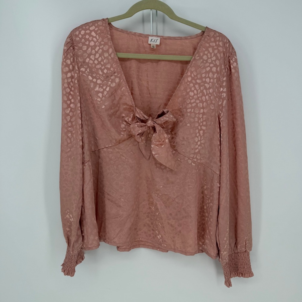 KIT Blouse Womens XL Pink Jacquard Animal Print Tie Front Smocked Satin Babydoll